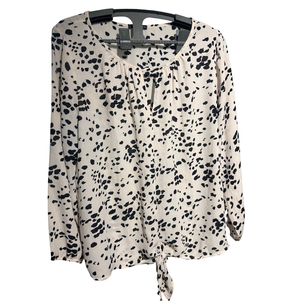 West Kei Women XL Dalmatian Animal Print Tie Front Split Neck Blouse Cream Black
